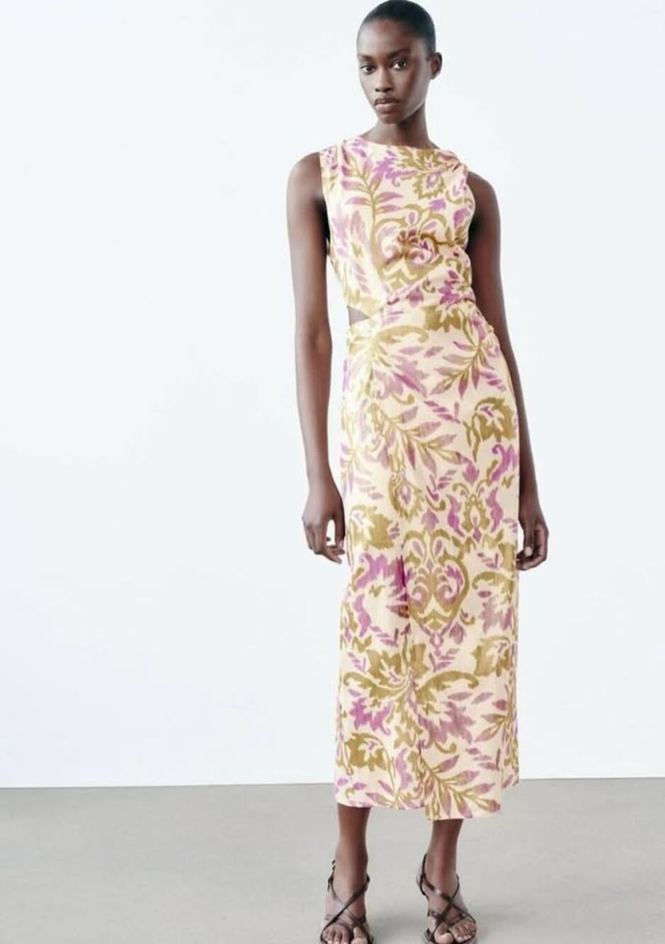 Zara Metallic Floral Midi Cutout Dress Size Large Purple & Gold